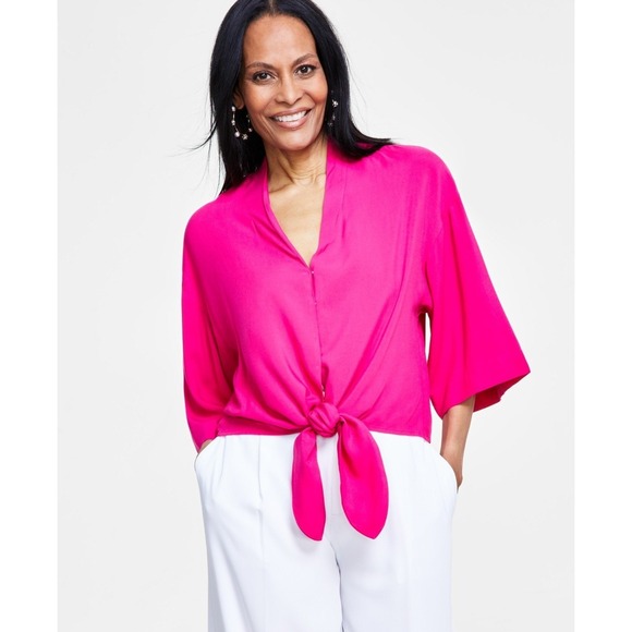 INC International Concepts Blouse Womens M Hot Pink Tie Front Top V Neck NWT - Picture 1 of 9